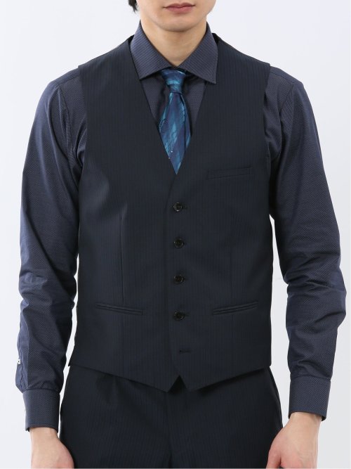 超光沢ウール混ストレッチ スリムフィット 2ボタン3ピーススーツ シャドーストライプ紺