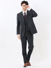 光沢ウール混 スリムフィット 2ボタン3ピーススーツ メランジ紺