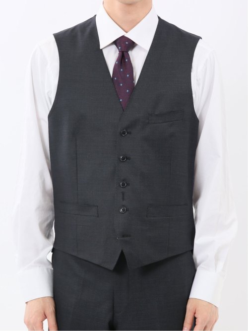 光沢ウール混 スリムフィット 2ボタン3ピーススーツ メランジ紺