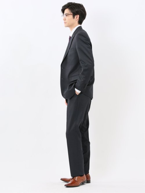 光沢ウール混 スリムフィット 2ボタン3ピーススーツ メランジ紺