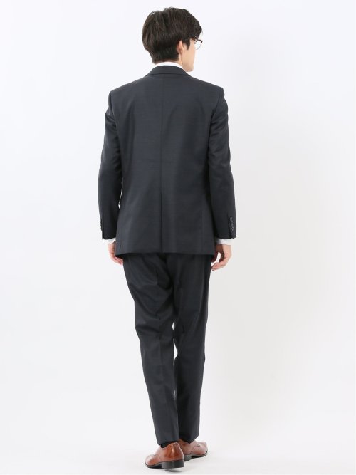 光沢ウール混 スリムフィット 2ボタン3ピーススーツ メランジ紺