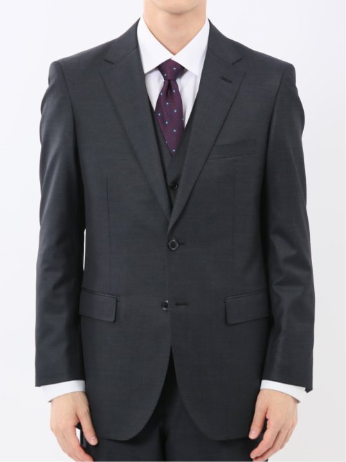 光沢ウール混 スリムフィット 2ボタン3ピーススーツ メランジ紺(S 75紺