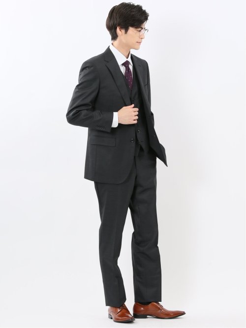 光沢ウール混 スリムフィット 2ボタン3ピーススーツ メランジ紺
