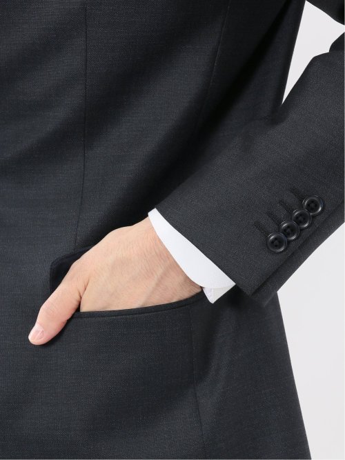 光沢ウール混 スリムフィット 2ボタン3ピーススーツ メランジ紺