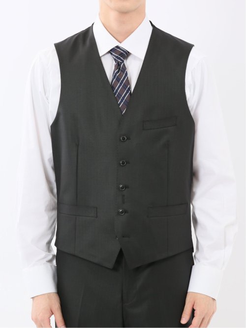 光沢ウール混 スリムフィット 2ボタン3ピーススーツ シャドーストライプ黒