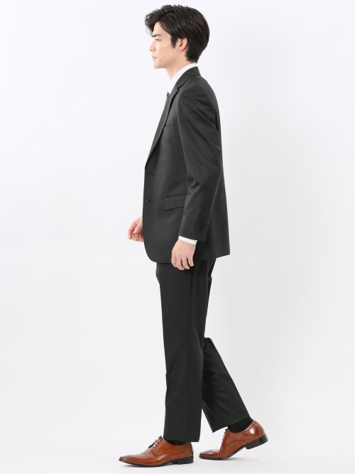 光沢ウール混 スリムフィット 2ボタン3ピーススーツ シャドーストライプ黒