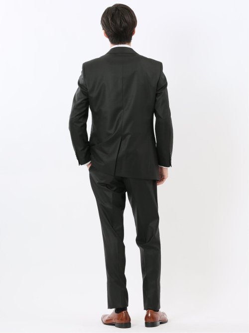 光沢ウール混 スリムフィット 2ボタン3ピーススーツ シャドーストライプ黒