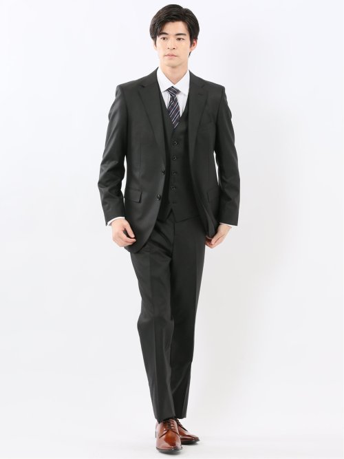 光沢ウール混 スリムフィット 2ボタン3ピーススーツ シャドー