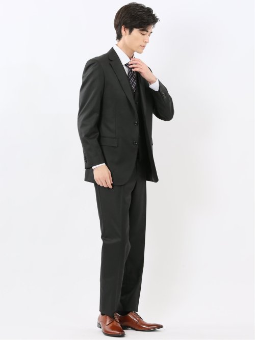 光沢ウール混 スリムフィット 2ボタン3ピーススーツ シャドーストライプ黒