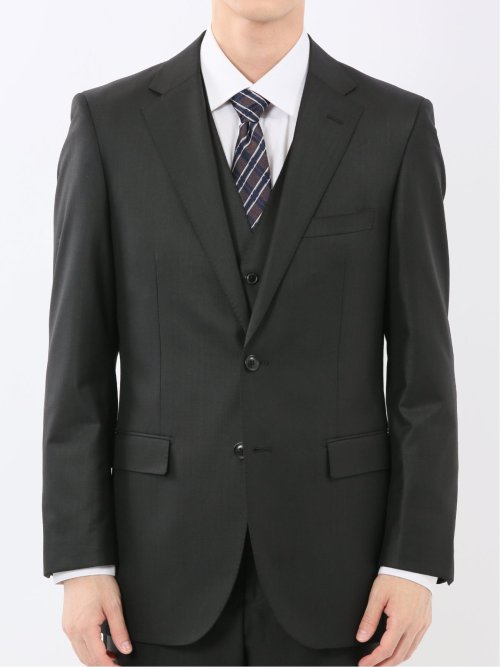 光沢ウール混 スリムフィット 2ボタン3ピーススーツ シャドーストライプ黒