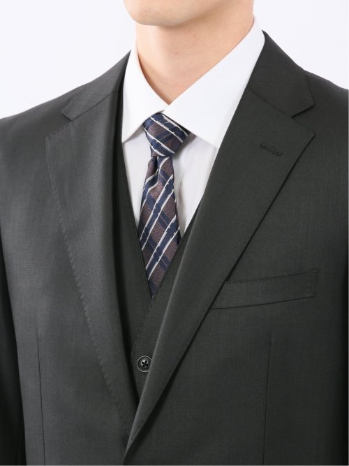 光沢ウール混 スリムフィット 2ボタン3ピーススーツ シャドーストライプ黒