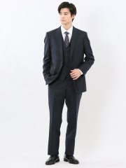 光沢ウール混 レギュラーフィット 2ボタン3ピーススーツ ツイル紺