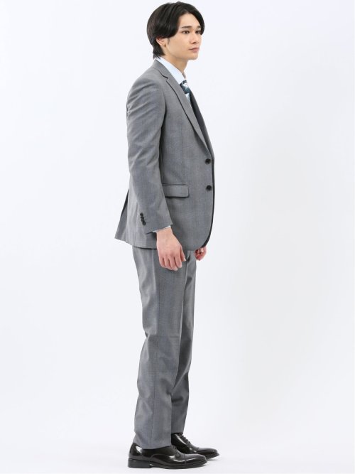 ストレッチウォッシャブル スリムフィット 2ボタン2ピーススーツ グレンチェックグレー
