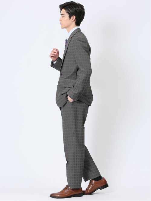 ストレッチウォッシャブル レギュラーフィット 2ボタン2ピーススーツ チェックグレー