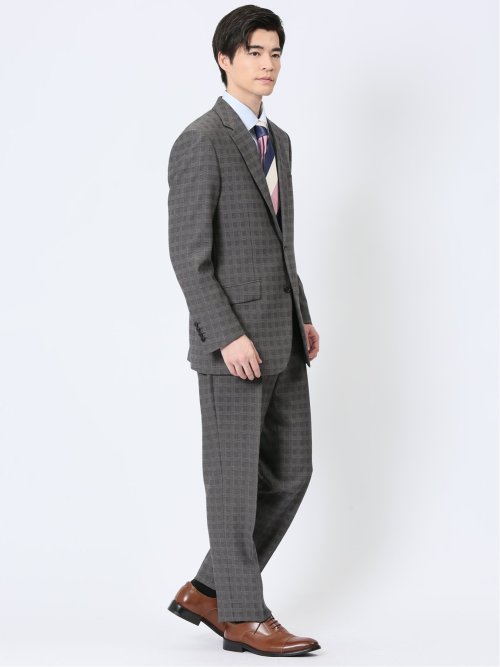 ストレッチウォッシャブル レギュラーフィット 2ボタン2ピーススーツ チェックグレー