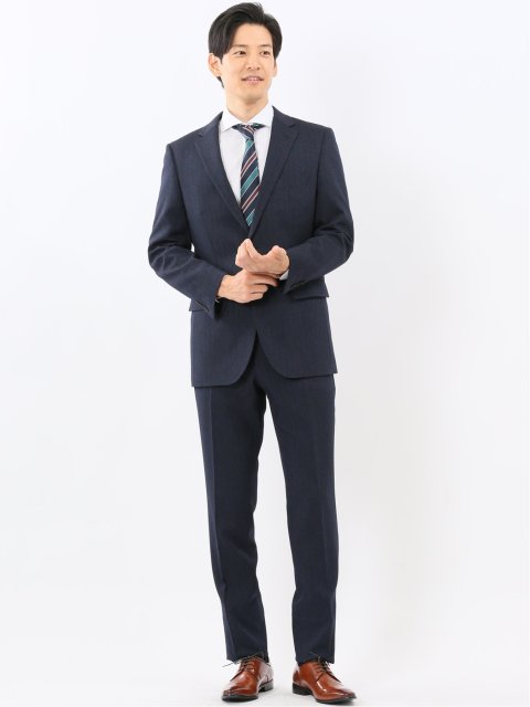 ウール調 ストレッチウォッシャブル スリムフィット 2ボタン2ピーススーツ ヘリンボン紺