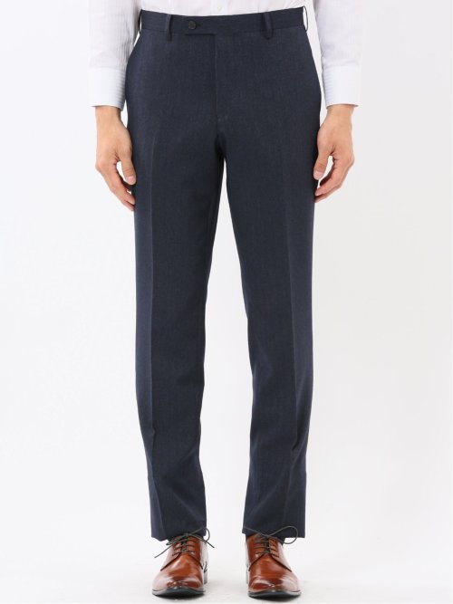 ウール調 ストレッチウォッシャブル スリムフィット 2ボタン2ピーススーツ ヘリンボン紺