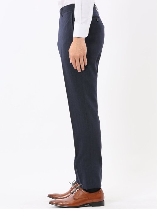 ウール調 ストレッチウォッシャブル スリムフィット 2ボタン2ピーススーツ ヘリンボン紺