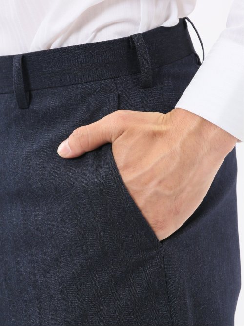 ウール調 ストレッチウォッシャブル スリムフィット 2ボタン2ピーススーツ ヘリンボン紺