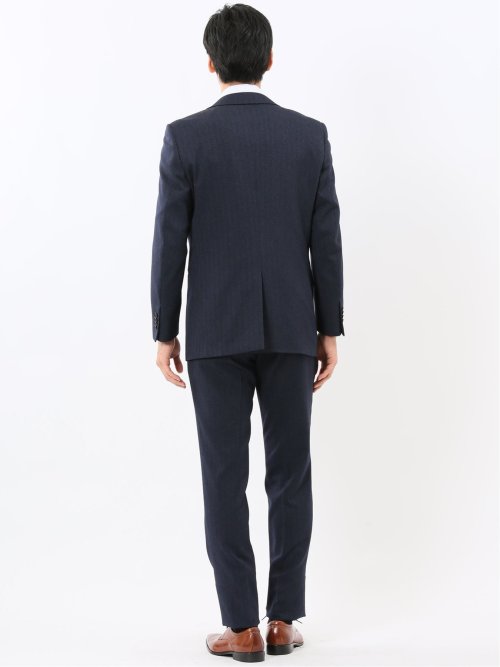 ウール調 ストレッチウォッシャブル スリムフィット 2ボタン2ピーススーツ ヘリンボン紺