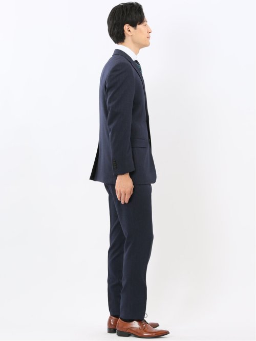 ウール調 ストレッチウォッシャブル スリムフィット 2ボタン2ピーススーツ ヘリンボン紺