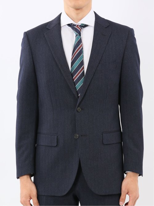ウール調 ストレッチウォッシャブル スリムフィット 2ボタン2ピーススーツ ヘリンボン紺
