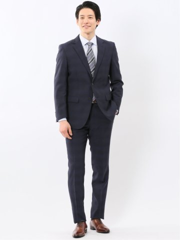 ストレッチ ウォッシャブル スリムフィット 2ボタン 2ピース スーツ チェック紺