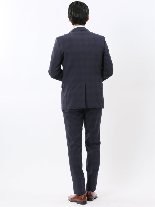 ストレッチ ウォッシャブル スリムフィット 2ボタン 2ピース スーツ チェック紺