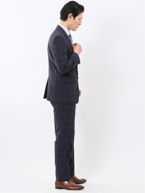 ストレッチ ウォッシャブル スリムフィット 2ボタン 2ピース スーツ チェック紺