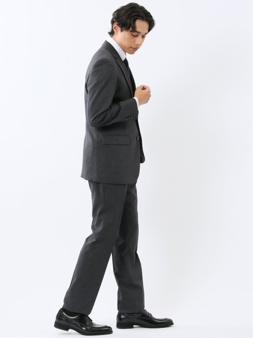 ウール調 ストレッチウォッシャブル スリムフィット 2ボタン2ピーススーツ ヘリンボングレー