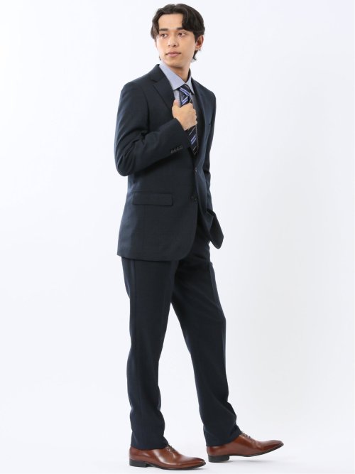 ウール調 ストレッチウォッシャブル スリムフィット 2ボタン2ピーススーツ 組織紺