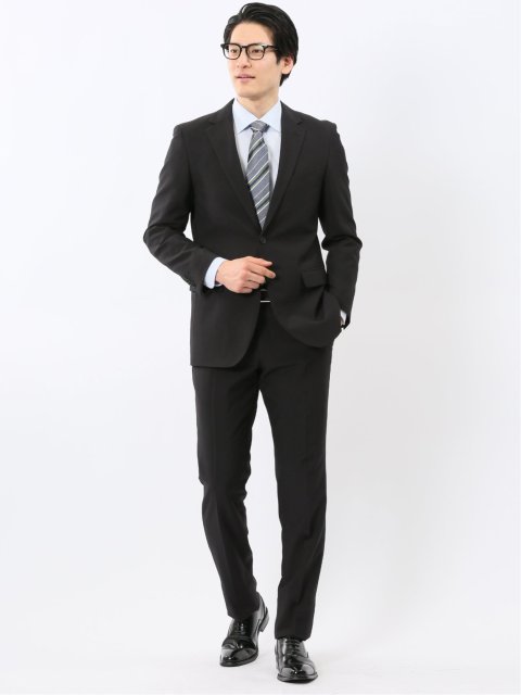 ストレッチ ウォッシャブル スリムフィット 2ボタン 2ピース スーツ ストライプ黒