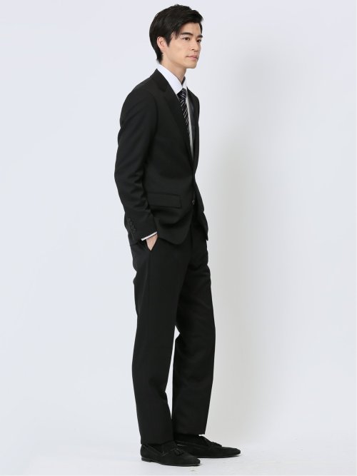 ストレッチウォッシャブル スリムフィット 2ボタン2ピーススーツ ストライプ黒