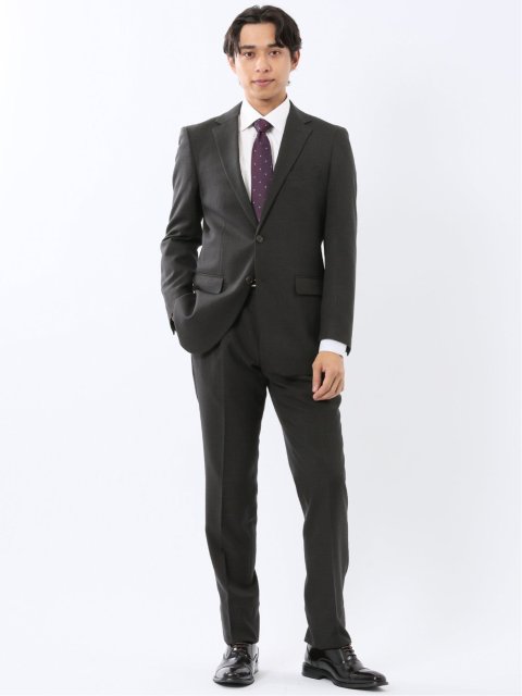 ウール調 ストレッチウォッシャブル スリムフィット 2ボタン2ピーススーツ 組織黒