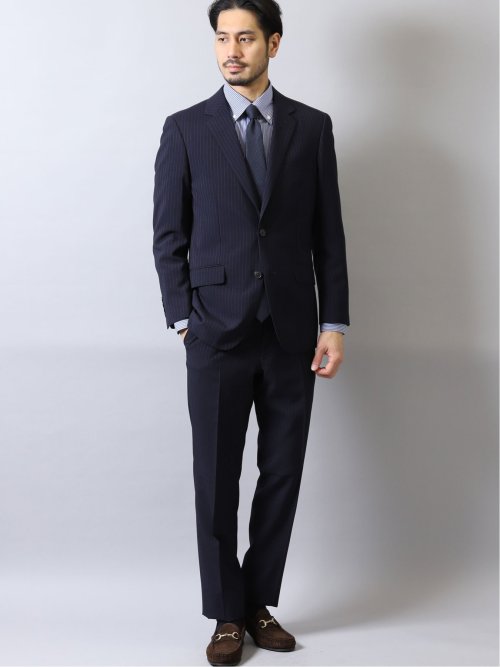 ストレッチウォッシャブル レギュラーフィット2ボタン2ピーススーツ ストライプ紺