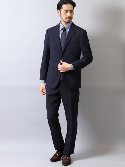 ストレッチウォッシャブル レギュラーフィット2ボタン2ピーススーツ ストライプ紺