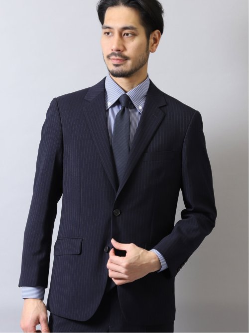 ストレッチウォッシャブル レギュラーフィット2ボタン2ピーススーツ ストライプ紺