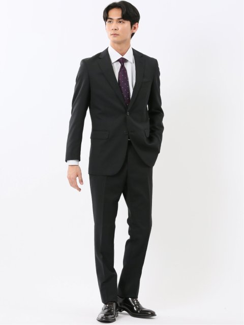 パンツウォッシャブル ウール混 スリムフィット 2ボタン2ピーススーツ シャドーストライプ黒