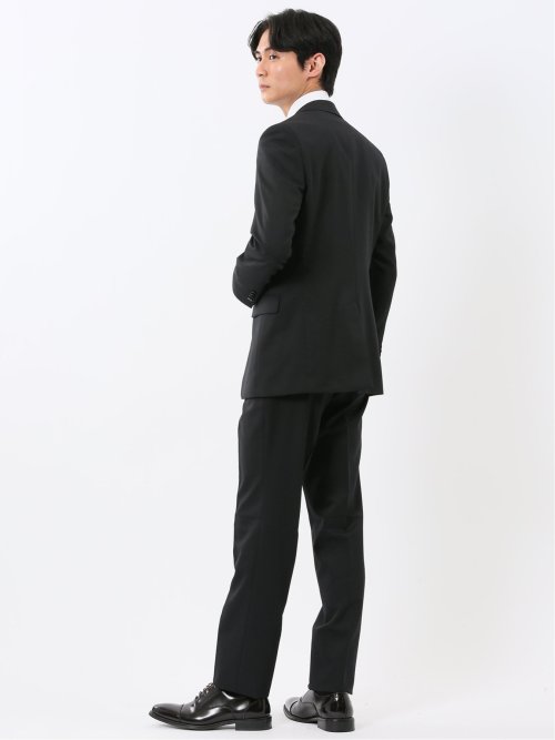 パンツウォッシャブル ウール混 スリムフィット 2ボタン2ピーススーツ シャドーストライプ黒