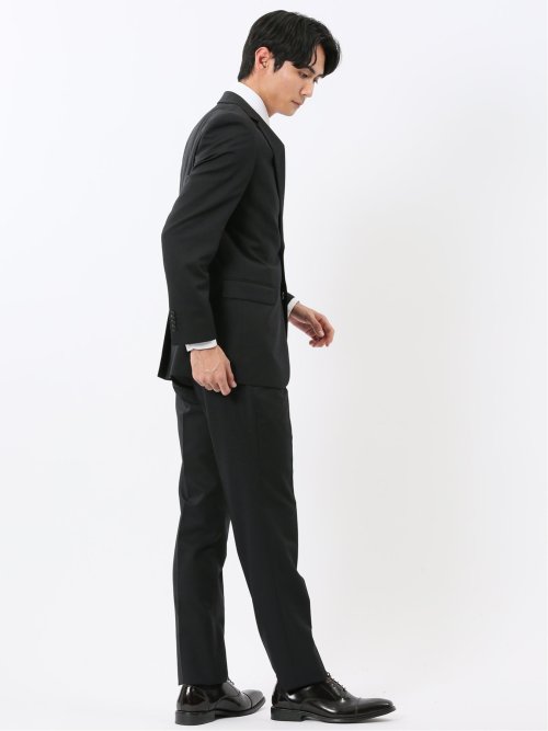 パンツウォッシャブル ウール混 スリムフィット 2ボタン2ピーススーツ シャドーストライプ黒