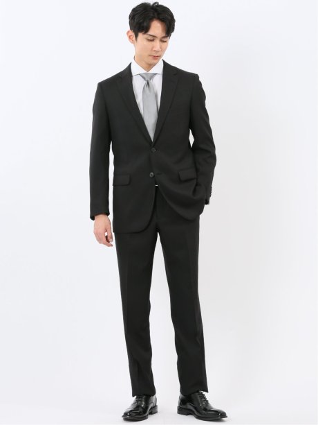 ストレッチウォッシャブル スリムフィット 2ボタン2ピーススーツ 組織黒