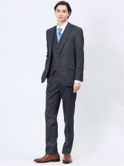 光沢ウール混 スリムフィット 2ボタンスリーピーススーツ 組織 紺