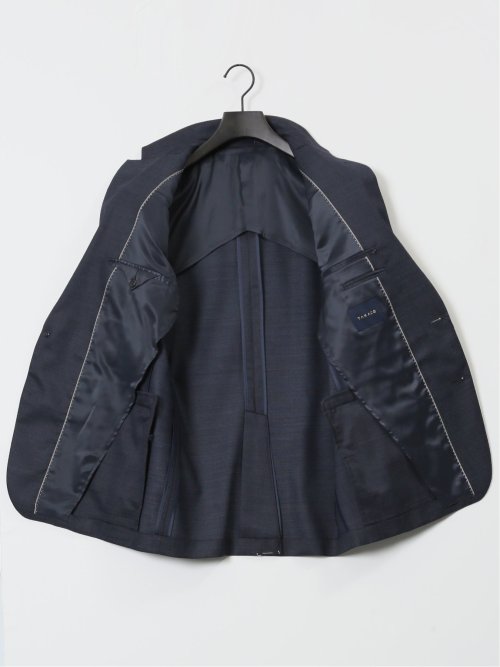 光沢ウール混 スリムフィット 2ボタンスリーピーススーツ 組織 紺