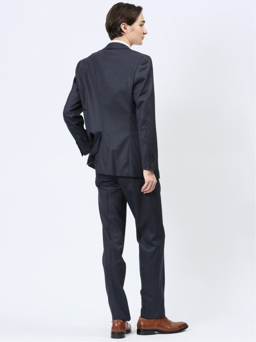 光沢ウール混 スリムフィット 2ボタンスリーピーススーツ 組織 紺