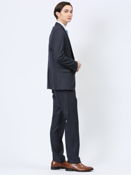 光沢ウール混 スリムフィット 2ボタンスリーピーススーツ 組織 紺