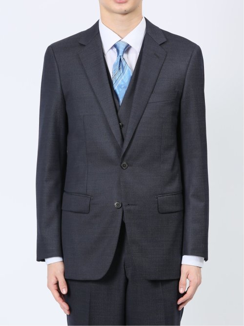 光沢ウール混 スリムフィット 2ボタンスリーピーススーツ 組織 紺