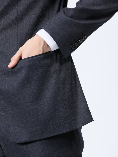 光沢ウール混 スリムフィット 2ボタンスリーピーススーツ 組織 紺