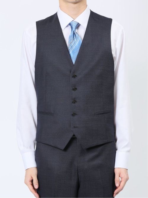 光沢ウール混 スリムフィット 2ボタンスリーピーススーツ 組織 紺