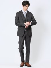 光沢ウール混 スリムフィット 2ボタン3ピーススーツ 組織グレー