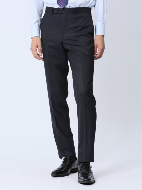 光沢ウール混 スリムフィット 2ボタン3ピーススーツ シャドーストライプ紺